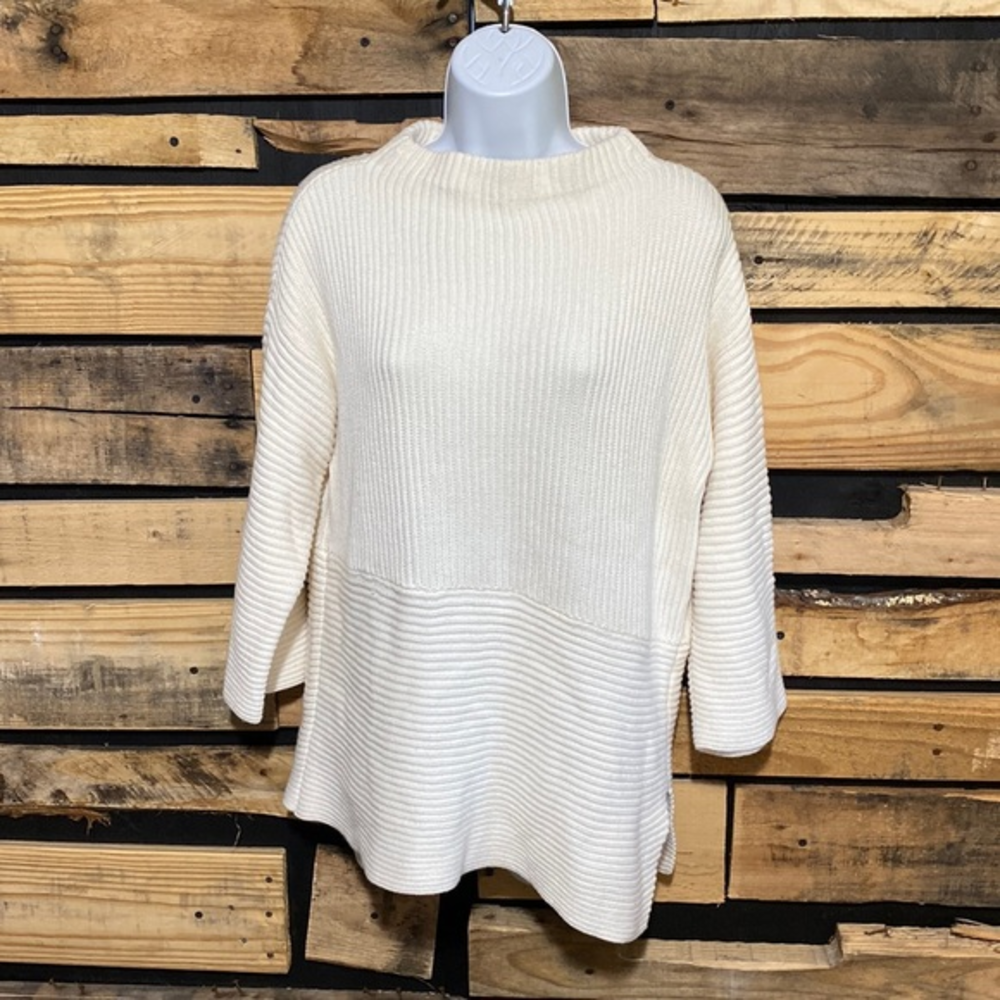 Vince Camuto Ribbed Cream Mock Neck Asymmetrical Sweater With Bell Sleeves Small